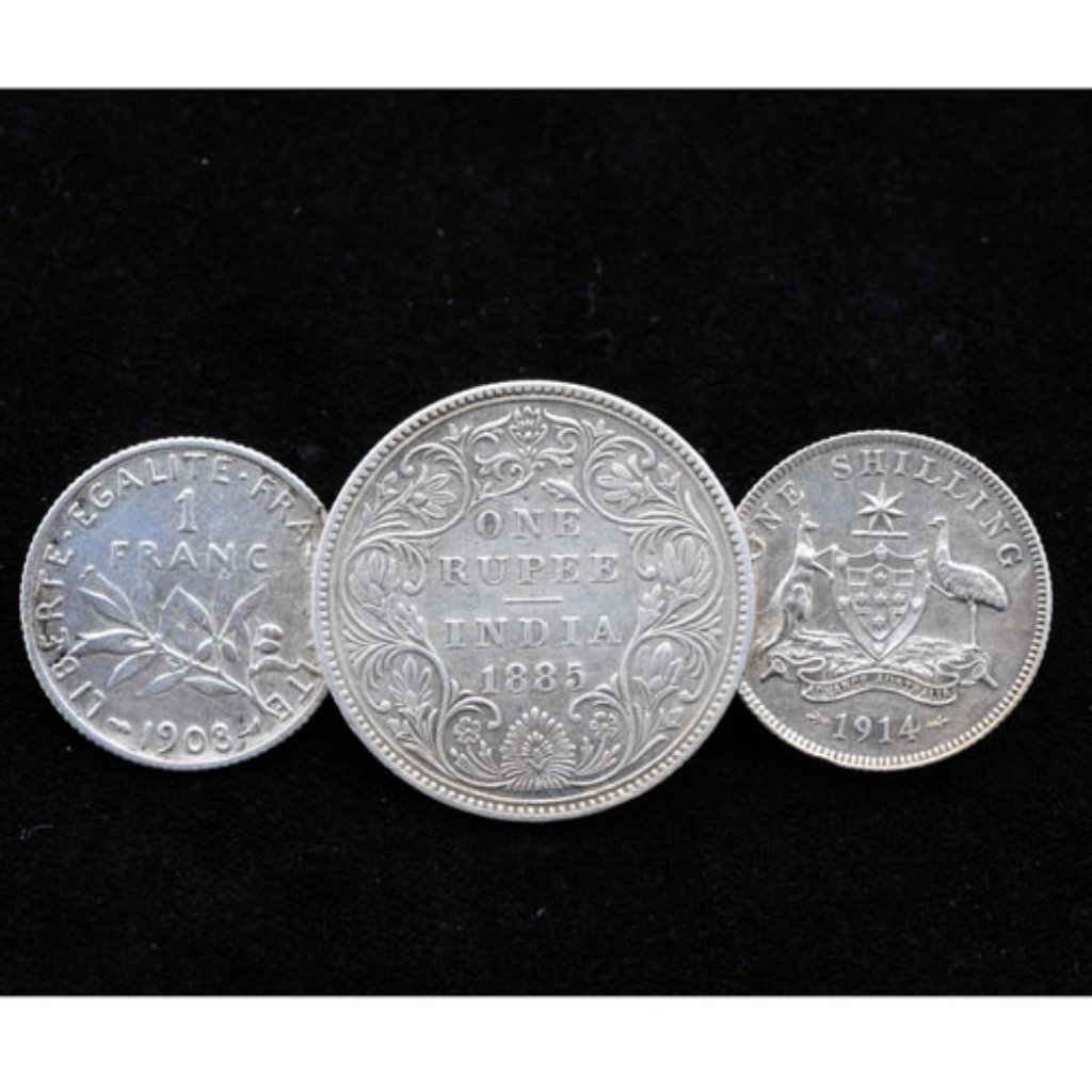 Silver 3 Coin Pin Pre-Wwii Franc Shilling Rupee